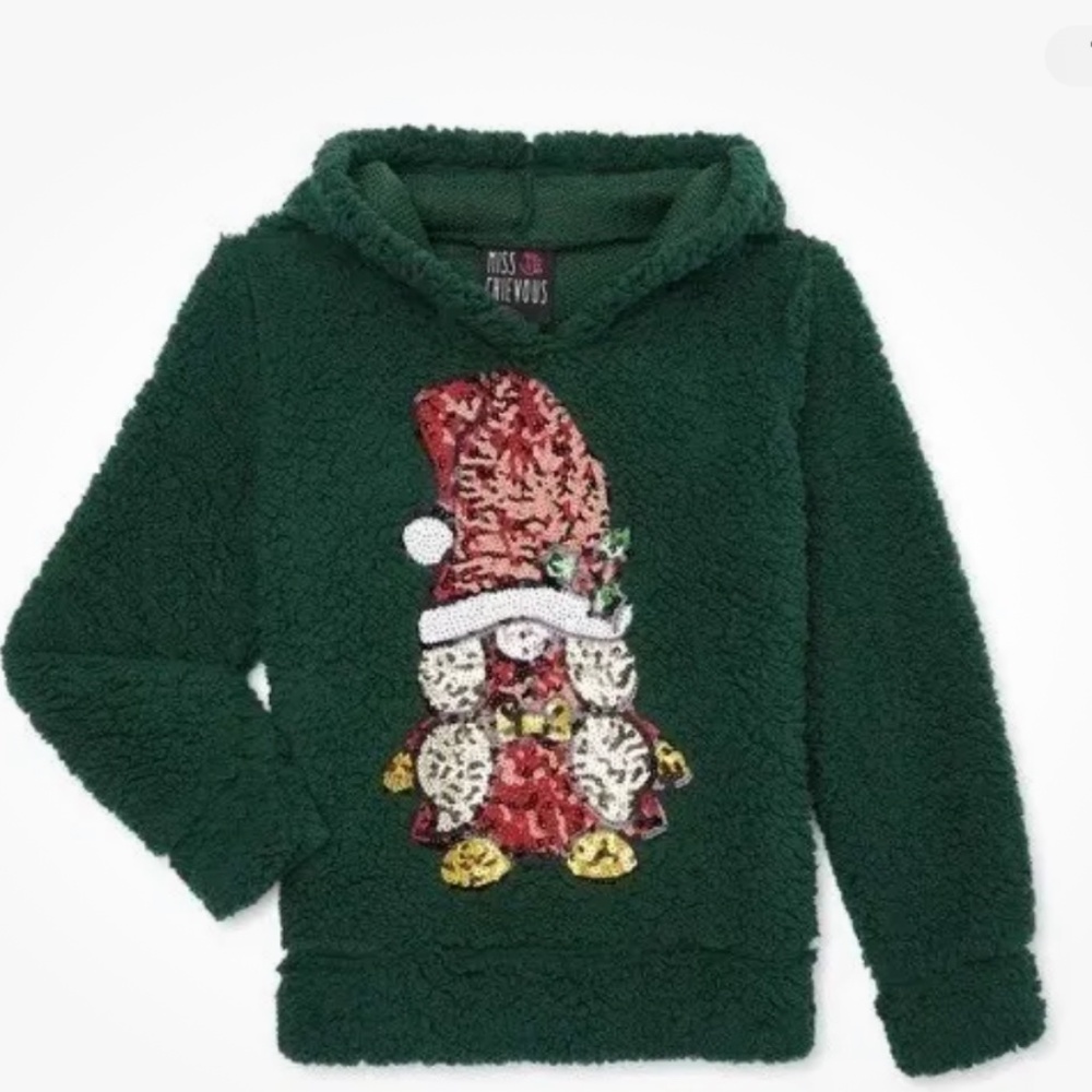 Miss Chievous Sequin Hunter Green Gnome Sherpa Hoodie Size Medium (7-8) NEW